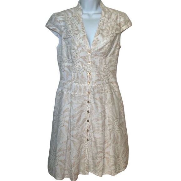 Kay Unger 100% Cotton Cap Sleeve White Gold Midi Summer Romantic Dress Sz 6 - Picture 1 of 13